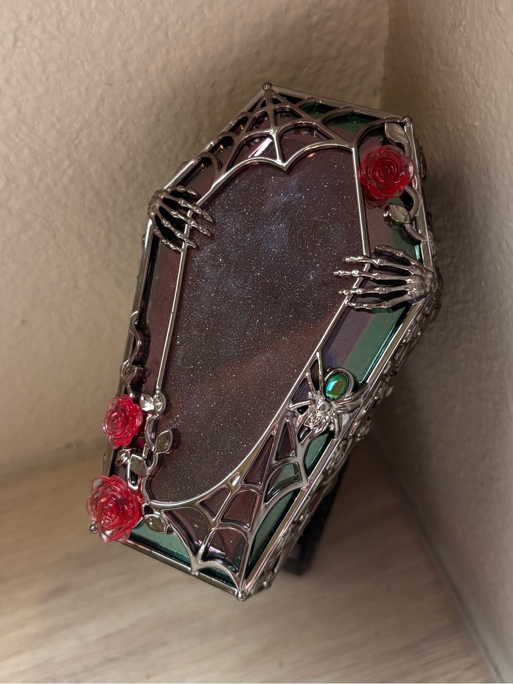 Bath & Body Works Silver Coffin lighted Plug In Mirror with Red Rose Accents
